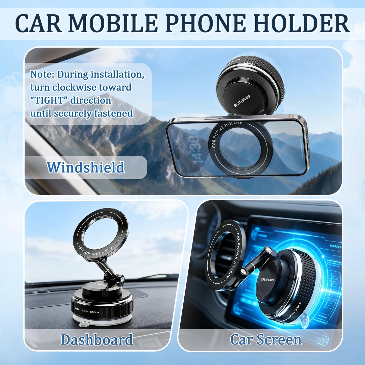 SAMPUSS Magnetic Phone Holders for Your Car, Upgraded Vacuum Car Phone Holder, 360° Rotation Cell Phone Car Mount Suction Phone Mount for Magsafe Car Mount for Car Kitchen Gym Travel for All Phone