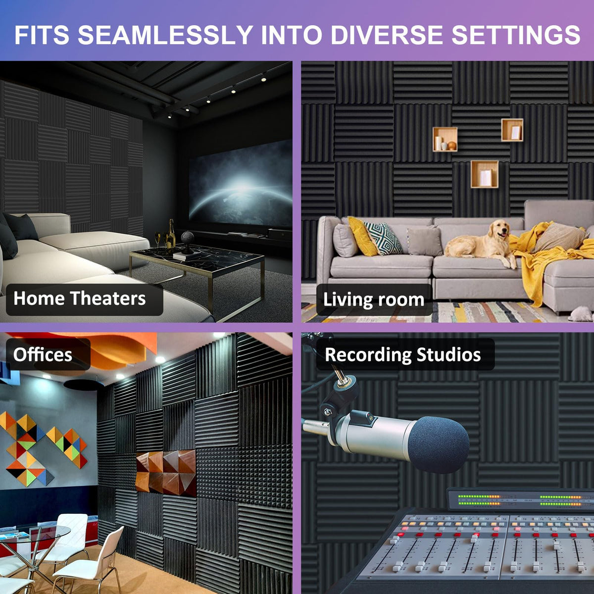 JBER 12 Pack Acoustic Foam Panels, 1" X 12" X 12" Sound Proof Foam Panels for Walls, High Desnsity Studio Soundproofing Wedges - Fire Resistant & Noise Absorbing for Studio, Office, Home (Black)