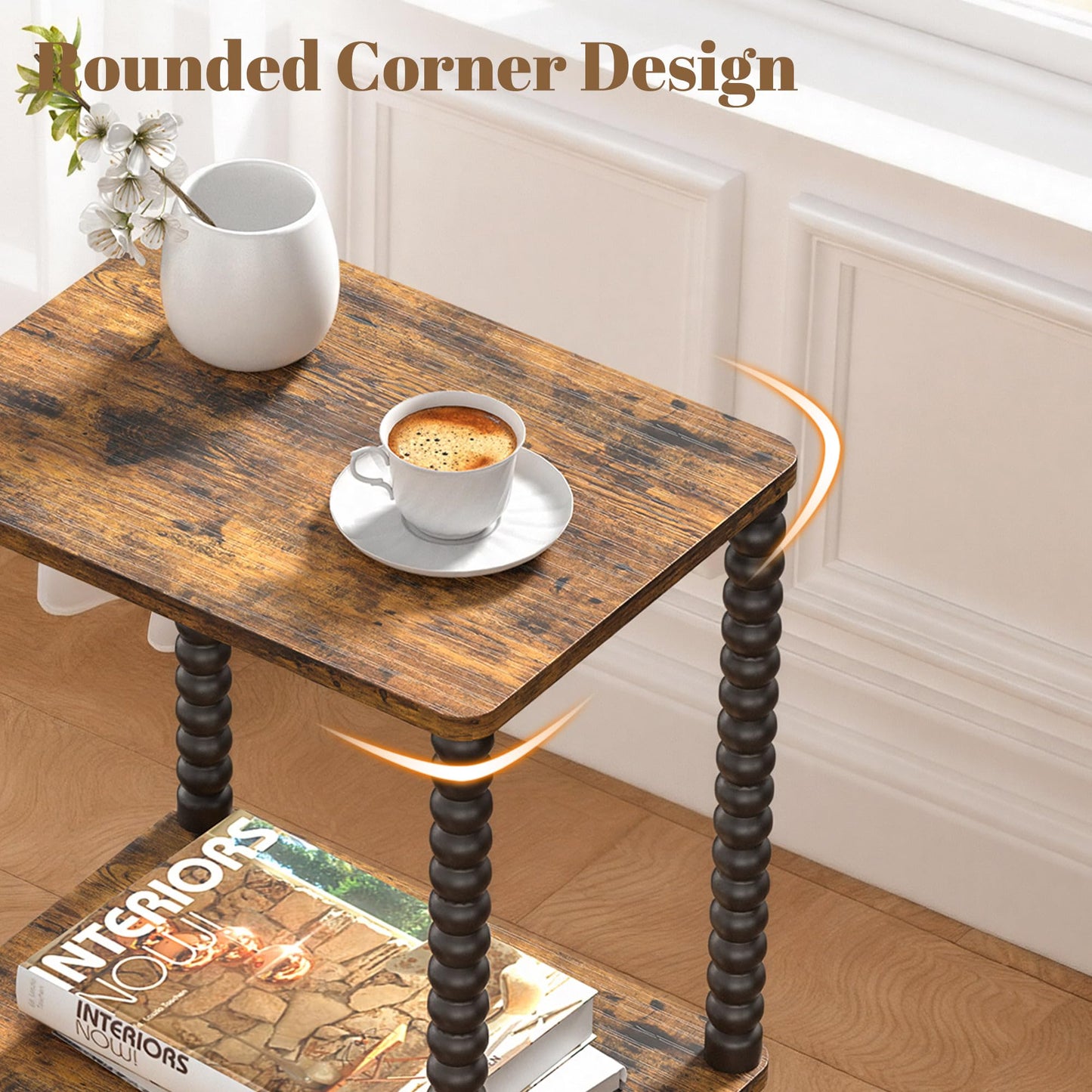 Homedawn Side Table, Small End Table, 2-Tier Nightstand with Storage Shelves, Coffee Table for Small Spaces, Curved Design, Sofa Table for Living Room, Bedroom, Rustic Brown and Black