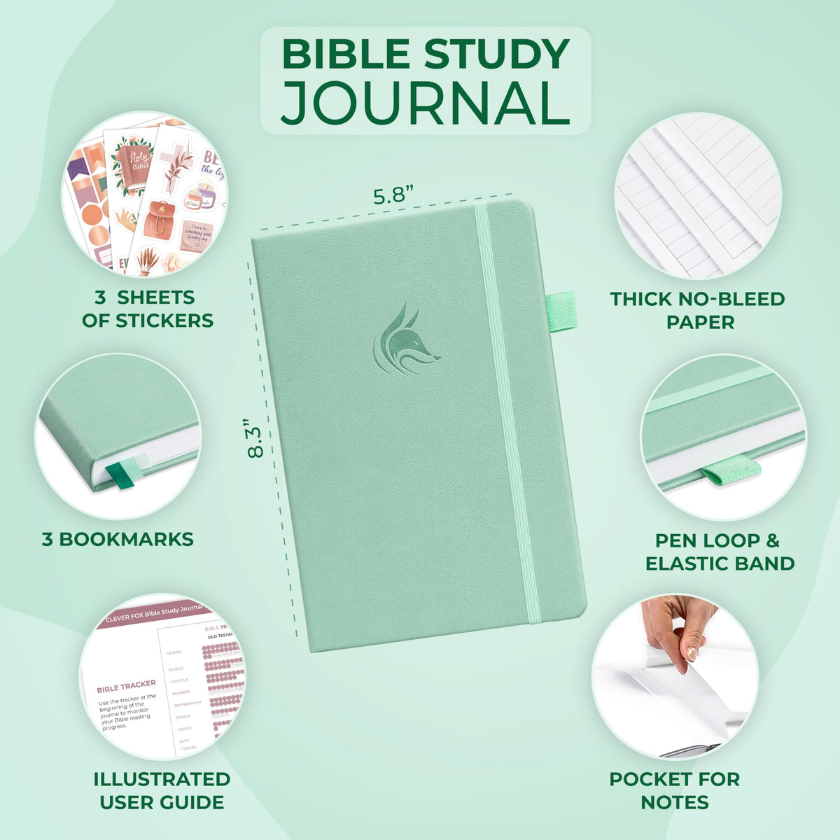 Clever Fox Bible Study Journal – Church Notes Notebook – Note Taking & Journaling Kit – Faith Based Religious Gifts & Accessories (Mint Cream)