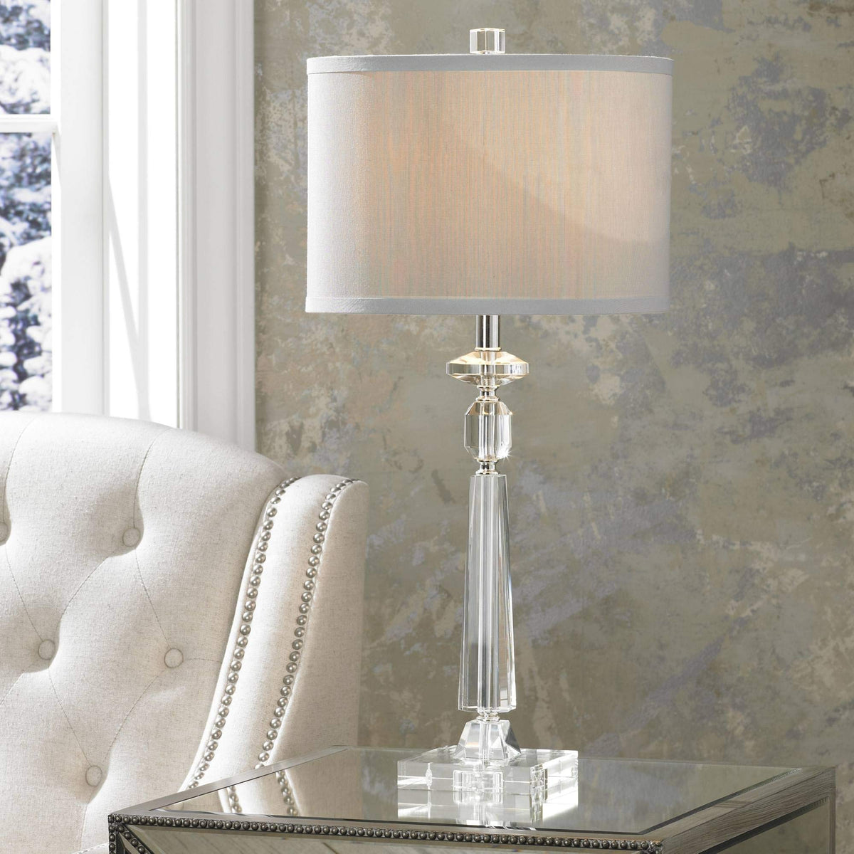 Vienna Full Spectrum Aline 26 1/2" Tall Traditional Table Lamp Clear Crystal Single Gray Shade Living Room Bedroom Bedside Nightstand House Office Home Reading Kitchen Entryway Console Family