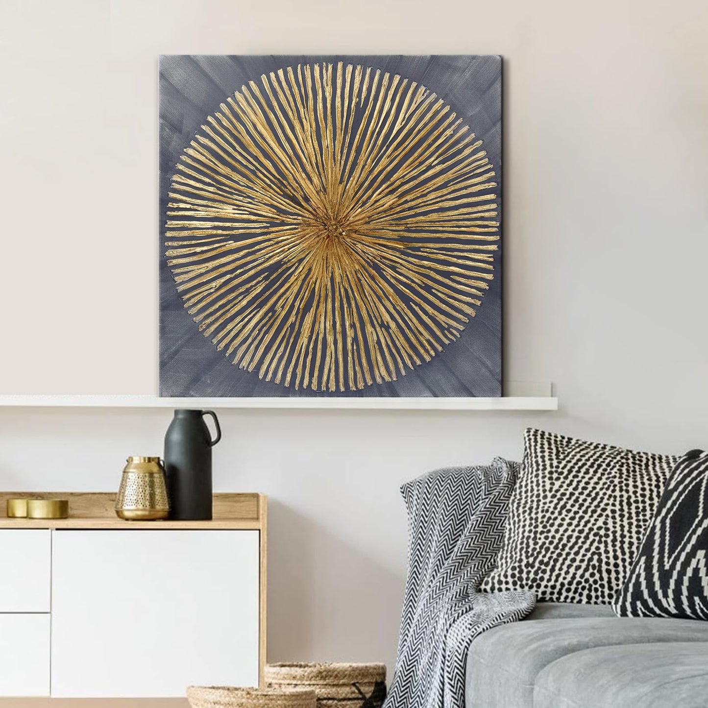 7Fisionart Modern Metal Sunburst Wall Art Gold & Grey Abstract Wall Decor Ready to Hang Radiant Framed Artwork for Living Room Bedroom Office 24x24 Inch