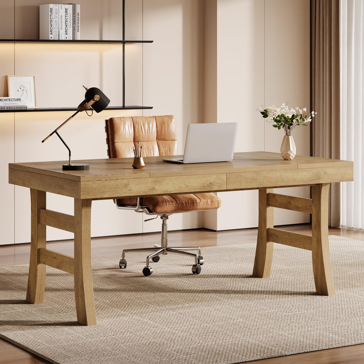Tribesigns 63-Inch Executive Desk, Large Office Computer Desk with Sturdy Legs, Farmhouse Simple Workstation Writing Study Table for Home Office, Light Brown