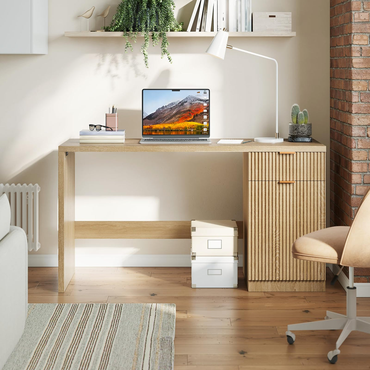 BouPower 60" Fluted Executive Desk with Drawers, Wood Computer Desk with Storage Cabinet, Home Office Desks with Storage for Study Room, Bedroom, Living Room, Natural Oak
