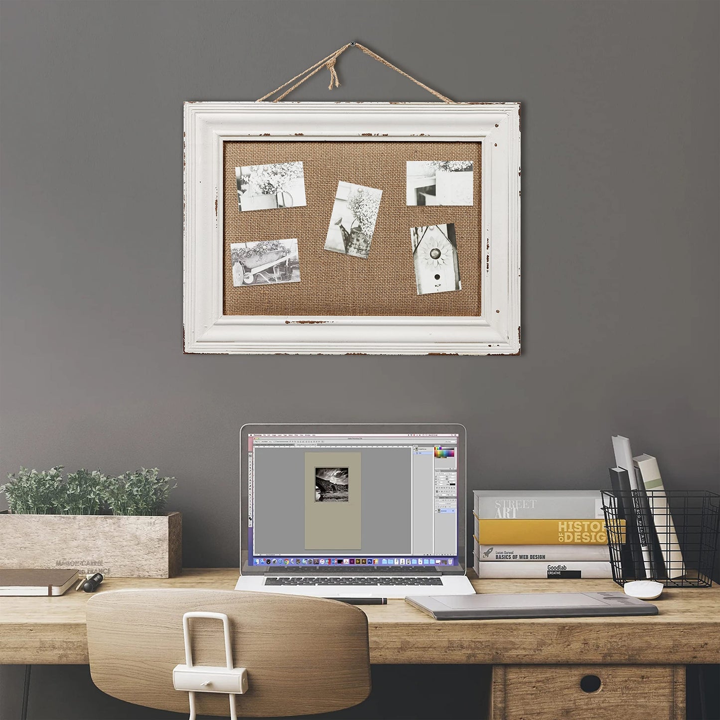 SOFE Cute Linen Small Bulletin Board, 15.7×12 Inches White Decorative Cork Boards for Walls with Frame, Wood Vision Board Farmhouse Pin Board for Home Office School, Rustic Memo Board Display Photo