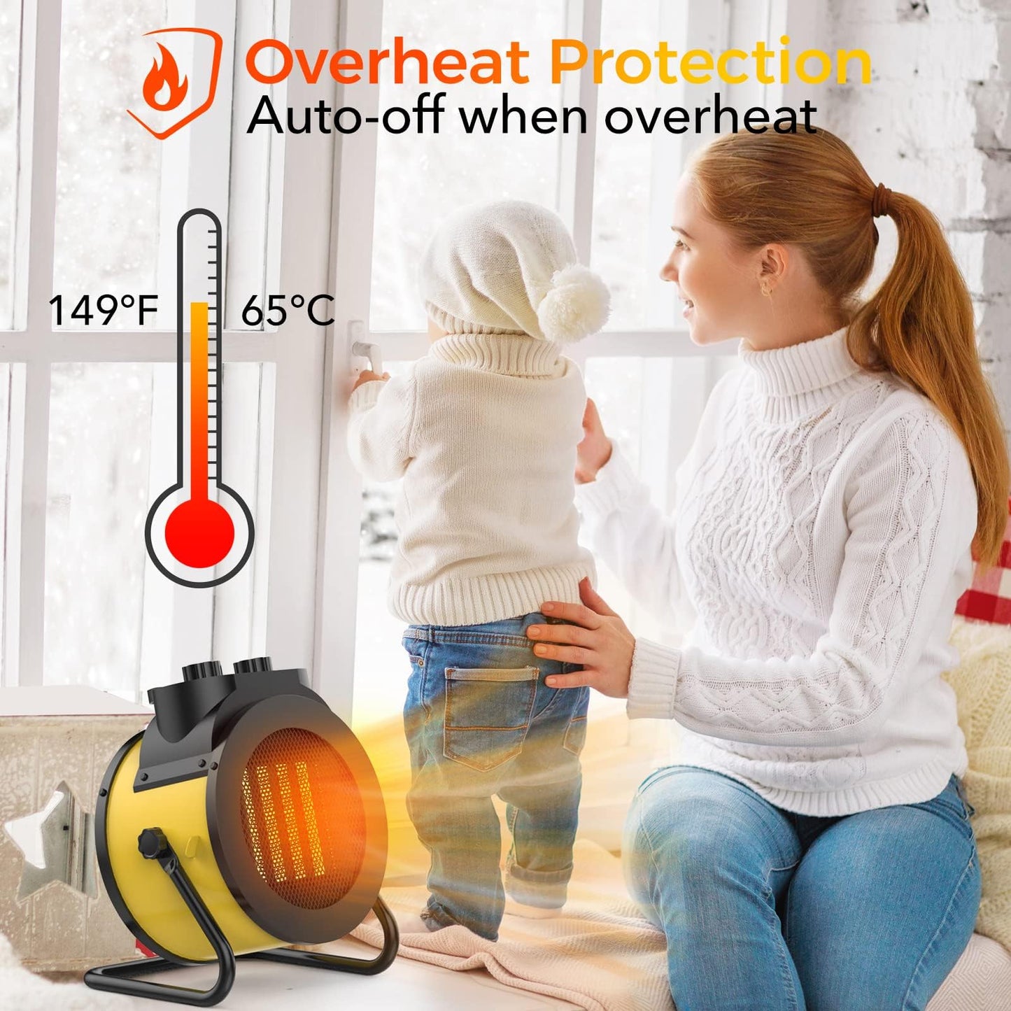 1500W Electric Space Heater with 90 Adjustable Angle, Overheat Protection, Heater for Garage, Office, Indoor Use (Yellow)