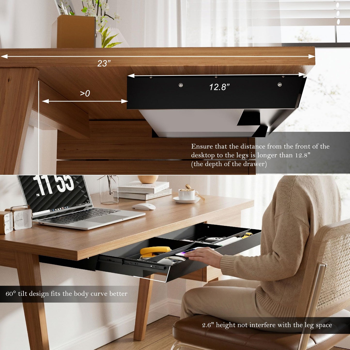 Gaxomo Under Desk Drawer 28.3" Wide, 60° Ergonomic Tilt Organizer with Multi-Compartment – Ball Bearing Slides, Fully Assembled, Under Desk Storage for Home Office Supplies