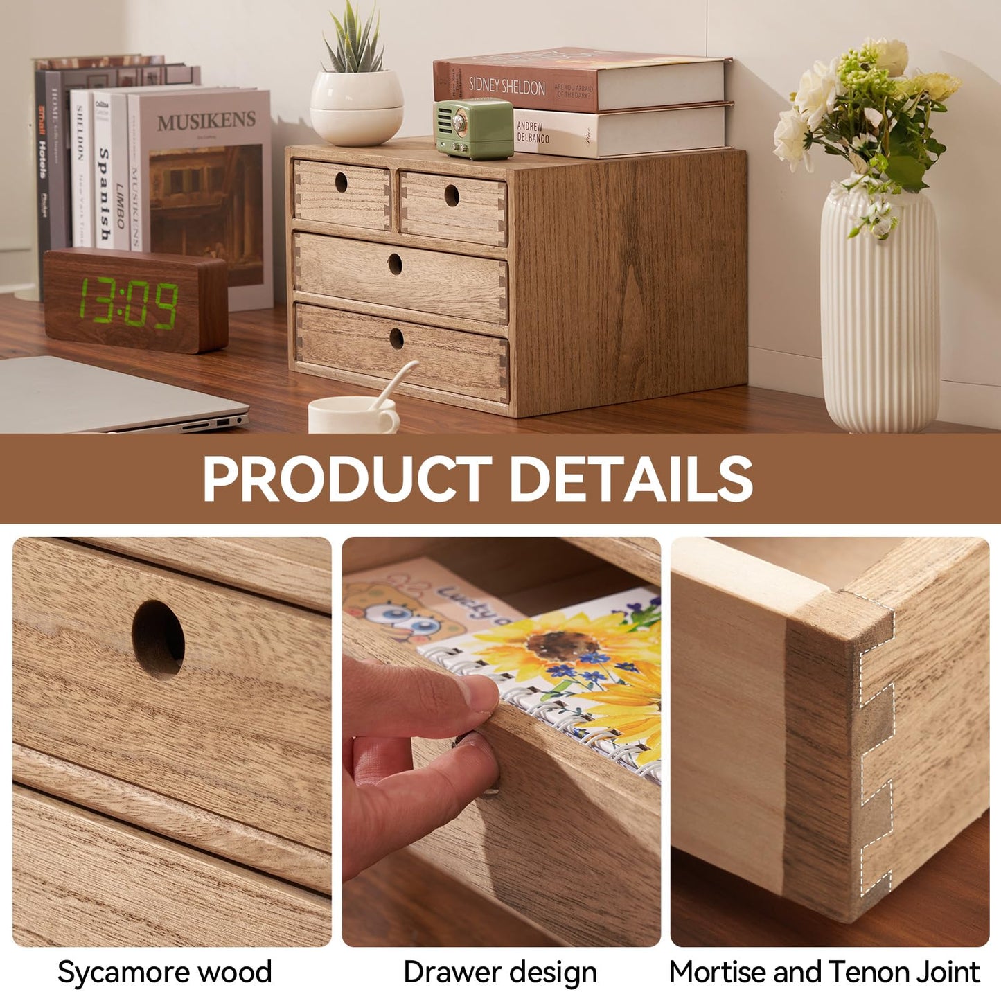 KIRIGEN Wood Desktop Storage Cabinet with 4 Drawers, 3-Tier Desk Organizer for Letter-Size Paper, Mail, Home Office Supplies, Makeup, Crafts, Desk or Countertop, Fully Assembled, Brown WJG34-DBR