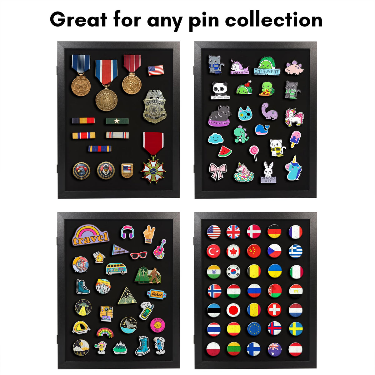Americanflat 14x18 Pin Display Case - Ideal for Enamel Pins, Medals, Jewelry, Memorabilia - Silhouette Collection - Black Pin Collection Display with Polished Plexiglass for Wall Decor