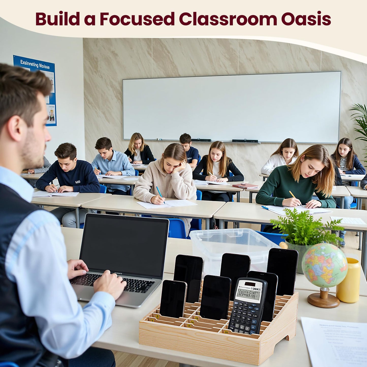 Classroom Cell Phone Holder, Fully Assembled 36 Grid Cellphone Storage Box for Student Management, Wooden Calculator Organizer Caddy for School Office