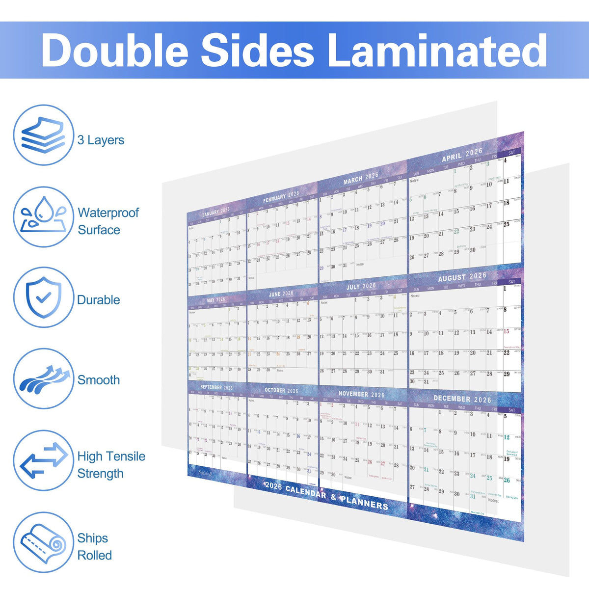 24" x 36" 2026 Wall Calendar Dry Erase - Large Starry Sky Calendar Wet & Dry Erasable Laminated 12 Month Annual Yearly Planner, Reversible, Horizontal/Vertical (2026 Wall Calendar)