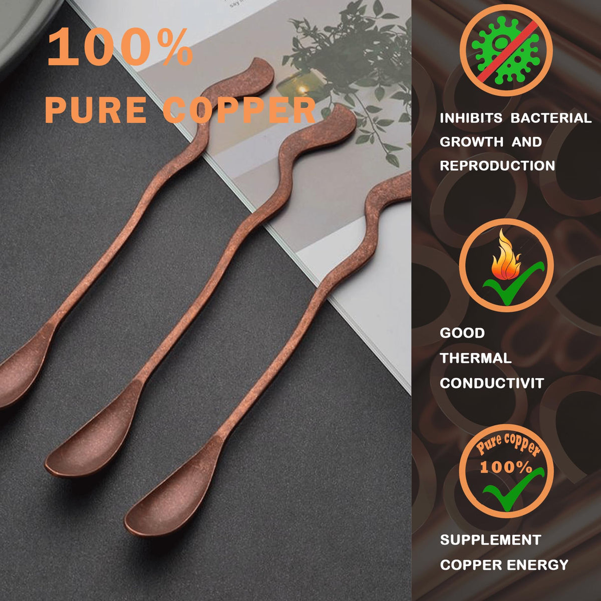 Purecopper 7.08-Inch Vintage Coffee Spoon, Hand-Forged Antique Copper Spoon, Suitable for Stirring Coffee, Milk, And Cocktails (1)