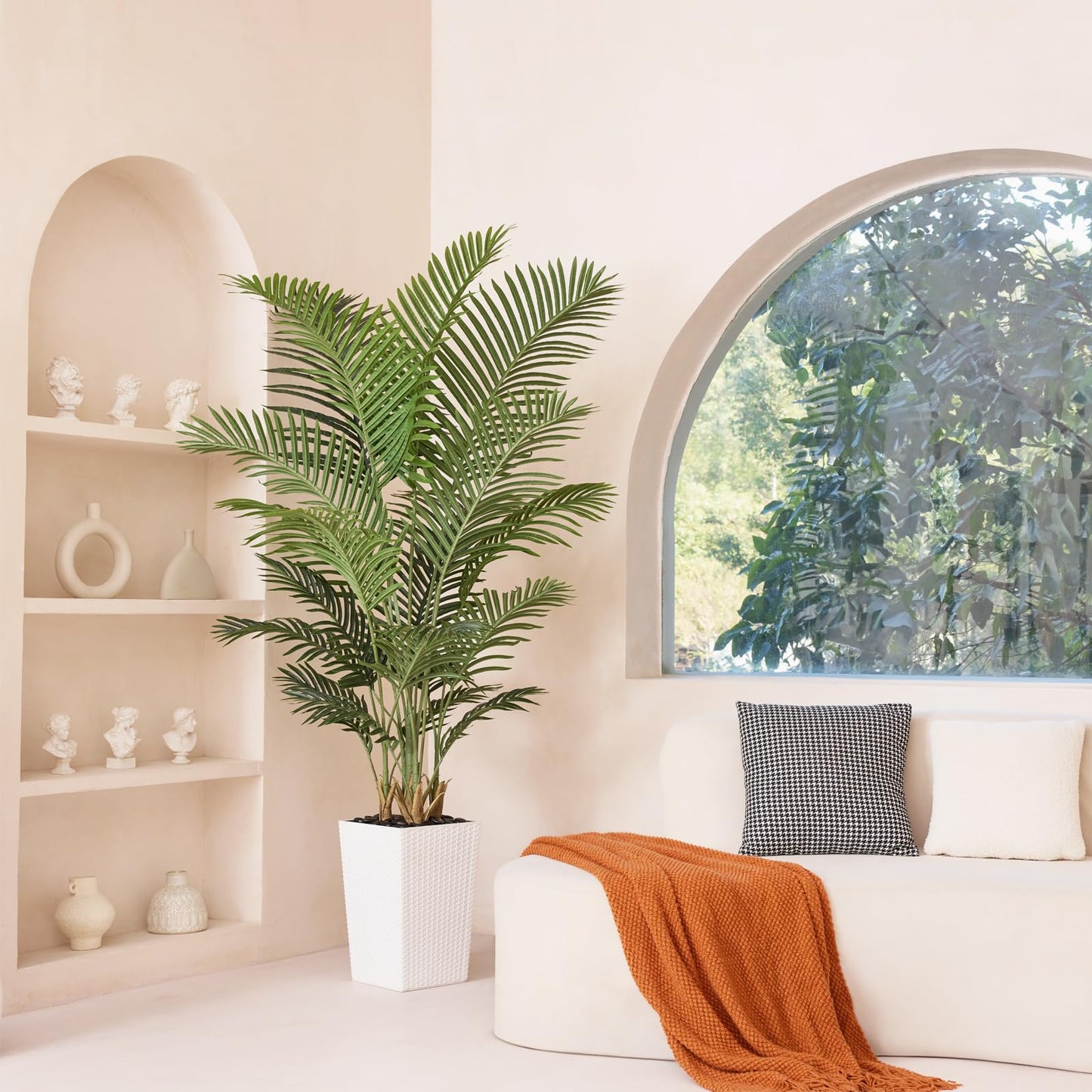 VeriNatural 6FT Artificial Palm Tree - Tall Fake Tree with White Taper Planter & Pebbles, UV Resistant for Indoor & Outdoor Decor - Large Potted Faux Plant for Living Room, Office, Home Decor,VN130