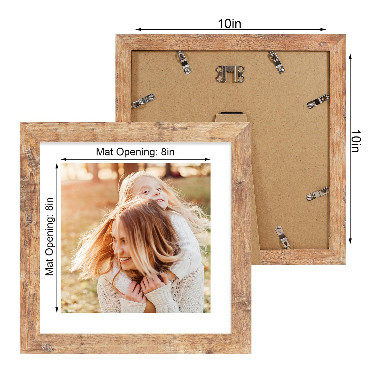 iRahmen 10x10 Picture Frame Set of 4 with Real Glass, Rustic Brown Frames Display 8x8 Picture with Mat or 10 x 10 Without Mat, Wooden Square Photo Frame for Wall Mount and Tabletop Display