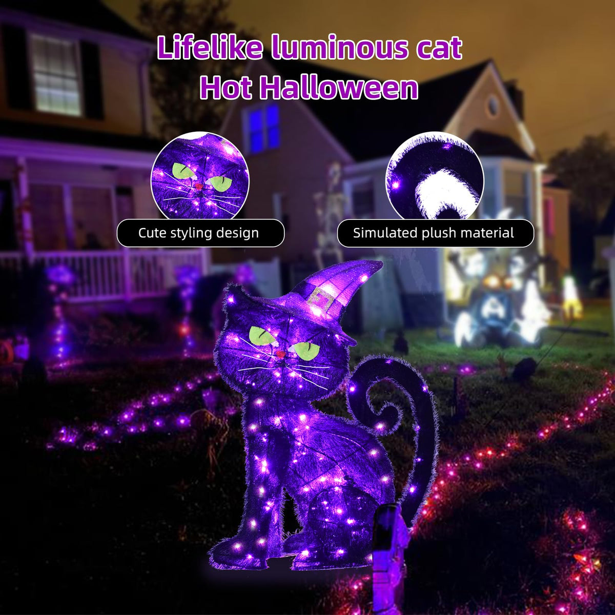Halloween Decorations Outside Witch Cat - HOYECHI Outdoor Halloween Decor Lighted Black Cat 2ft, Light Up Cat with 85 Led Lights, Ground Stakes, for Front Yard Porch Gardens Lawns Party