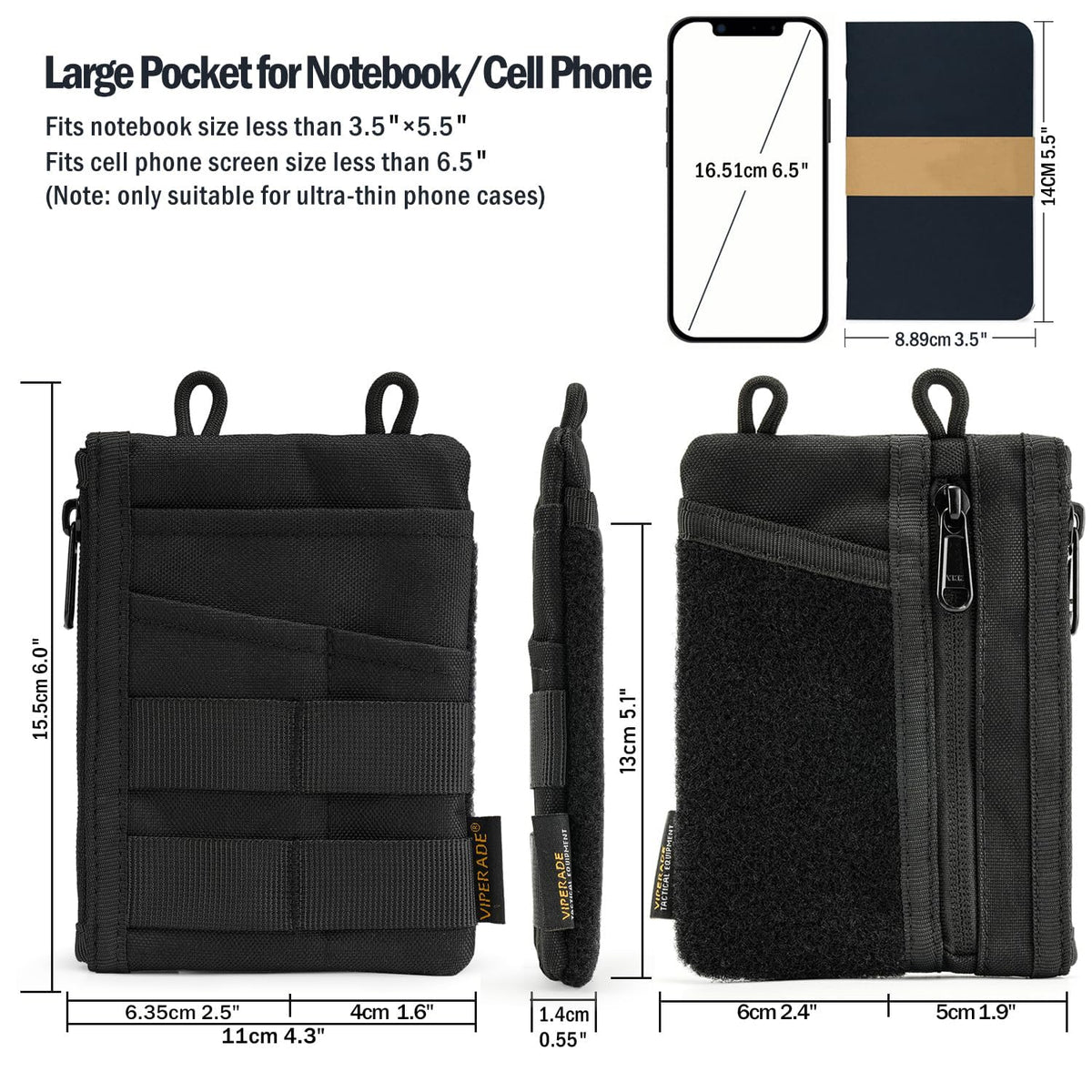 VIPERADE VE18 EDC Pouch, Pocket Organizer for Men, EDC Pocket Organizer, 3 Slots with 2 Zipper Pockets, Multitool Pouch (Black)
