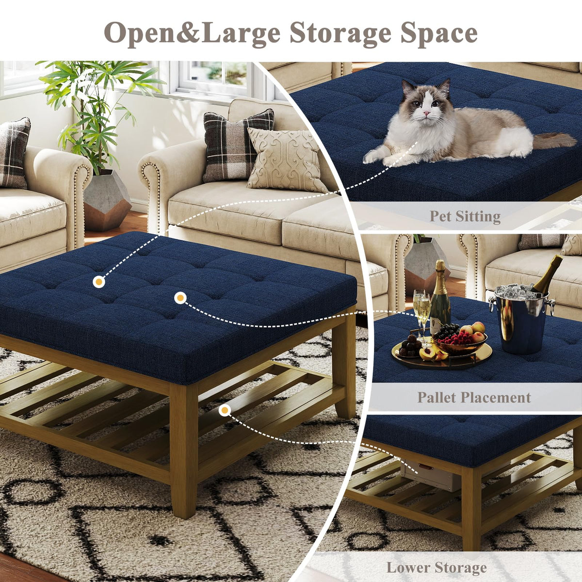 Befurtori Large Square Ottoman Coffee Table, Linen Solid Upholstered Footrest Ottoman with Solid Wood Shelf Storage Tufted Coffee Table for Bedroom Living Room, Navy Blue