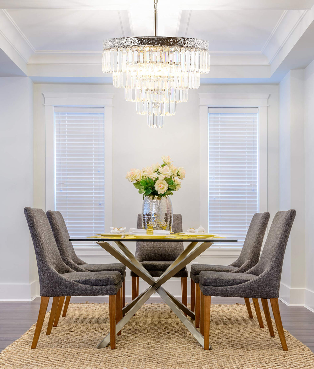 JONATHAN Y 20" Polished Nickel/Clear 4-Light LED Chandelier, Modern Tiered Pendant Light Fixture for Dining Room, Bedroom, Entryway with Clear Faceted Crystal Shade (JYL9007A)
