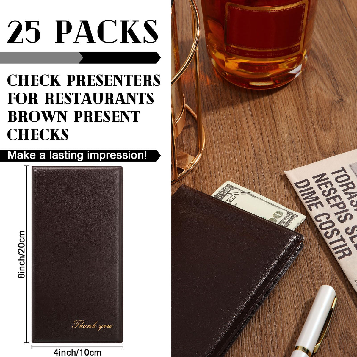 Affrolling 25 Pcs Check Presenters for Restaurants Dark Brown Guest Check Card Holder Bill Book Tip Check Holder with Gold Thank You Imprint Guest Check Books for Servers Cafe Bar Waiter, 8 x 4 Inch