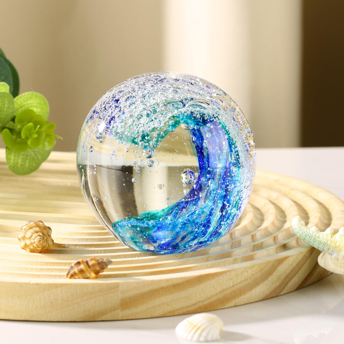 JFTOSALE Hand Blown Ocean Waves Glass Figurine Paperweight Ball, Home Decor Collectible, Aquarium & Office Decor for Ocean Lovers