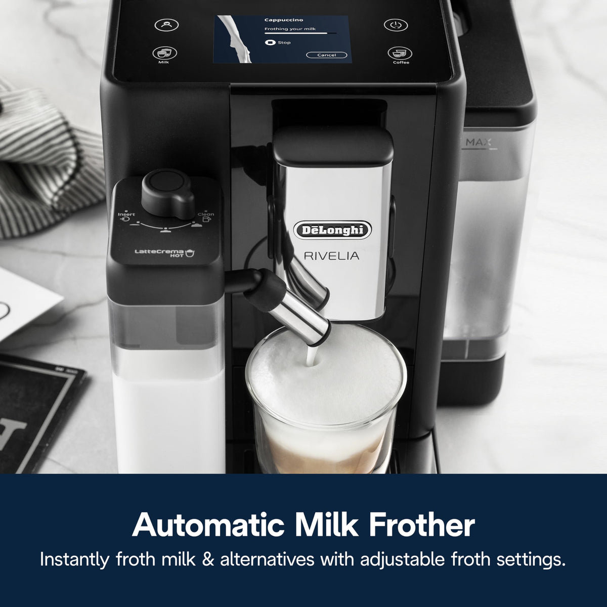 De'Longhi Rivelia Automatic Espresso Machine with Grinder & Milk Frother – All-in-One Coffee Maker, Hot & Iced Latte, Cappuccino, Bean Switch System, Burr Grinder, Compact Italian Design, Black