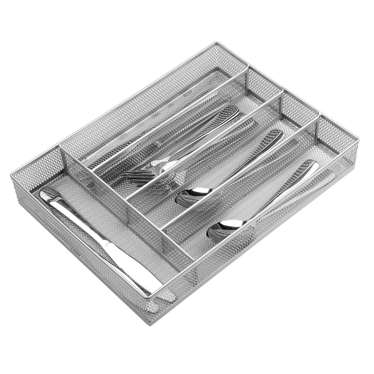 JANE EYRE Drawer Organizer, Cutlery Tray Silverware Flatware Storage Divider for Kitchen, Mesh Wire with Non-slip Foam Feet, 5 Component, Silver