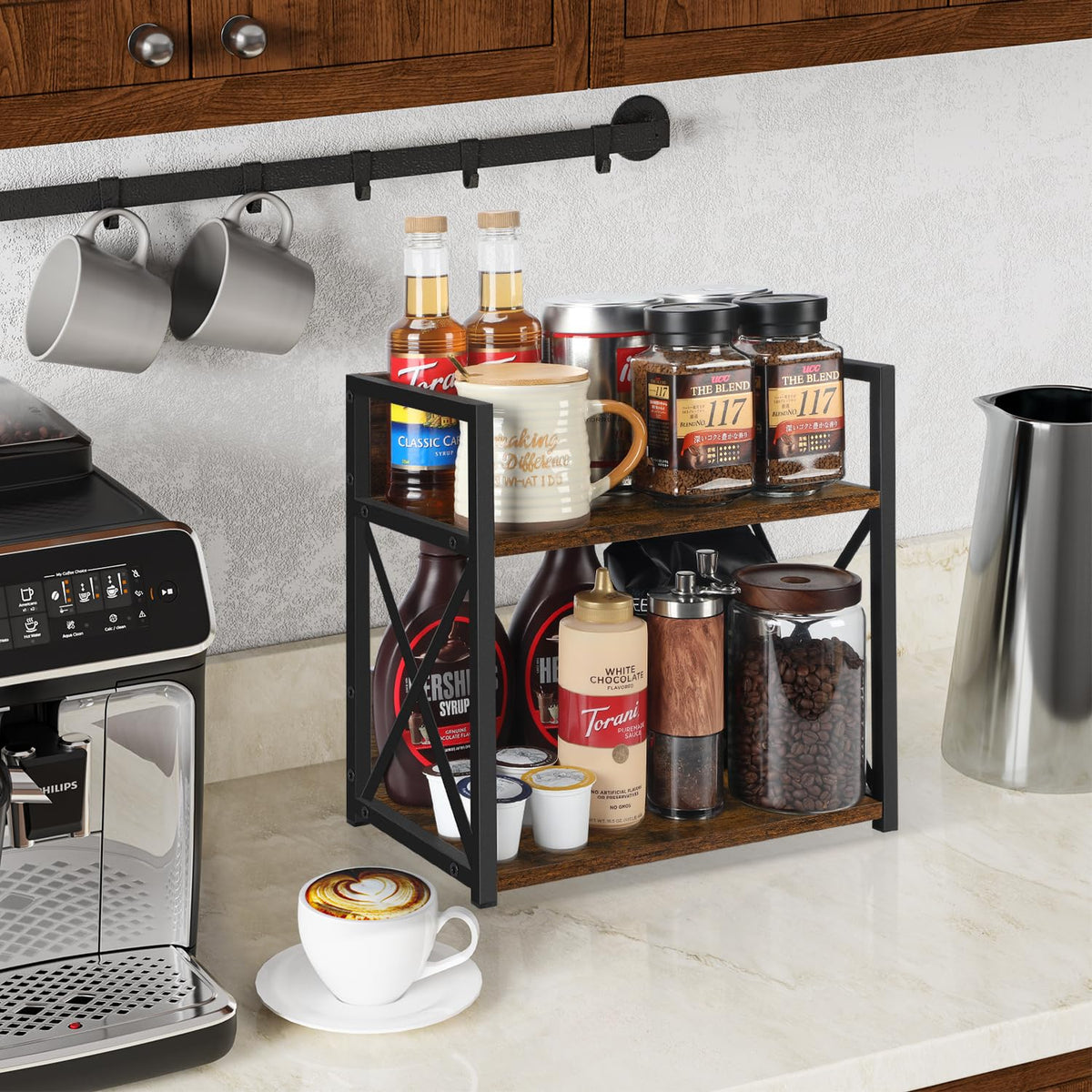 YINMIT Countertop Shelf Organizer,Coffee Bar Accessories,Spice Rack,Coffee Counter Shelf,2 Tier Coffee Organizer Station for Mugs,Cups,Cream,Syrup(Rustic Brown, Medium)