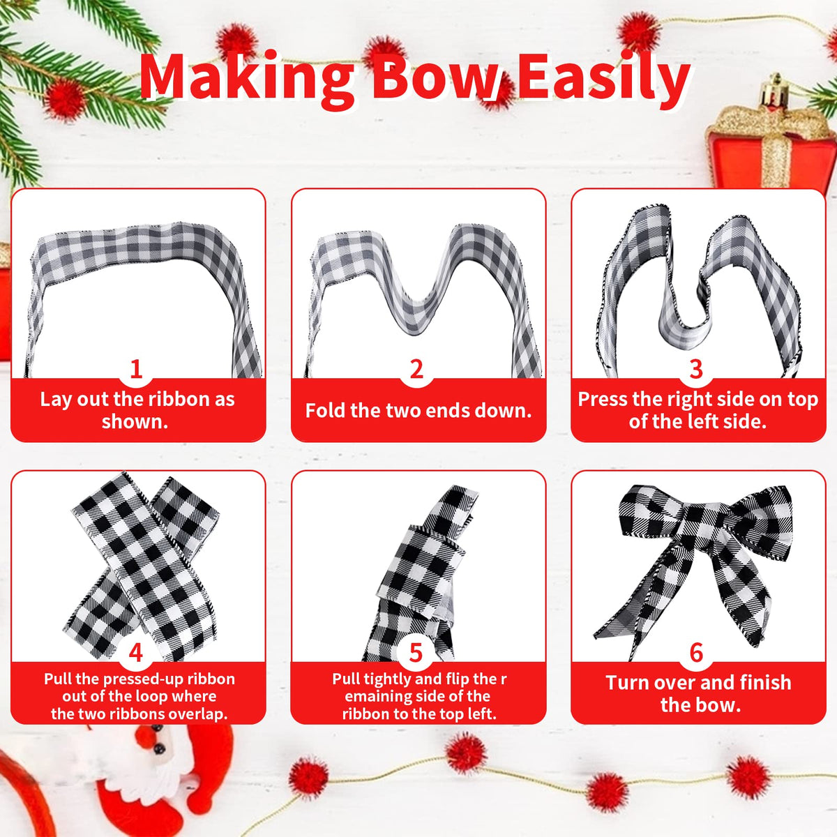 MuRealy Wreath Ribbon Assortment (4 Rolls x 20 Yards) - 2.5 Inch Wired Polyester | Black Stripes, Classic Plaid & Dots - Shedding-Free for Crafts, Gifts, Holiday Decor