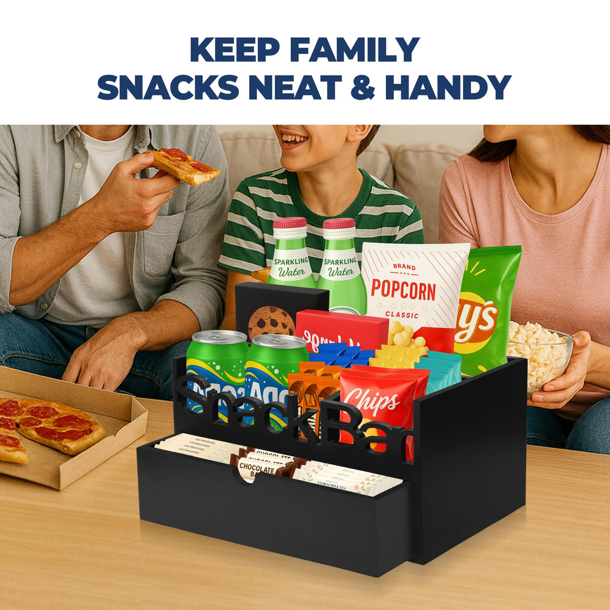 ADDFIT HOUSE Snack Bar Organizer – Black 3 Compartment Station with Drawer, Countertop Pantry Organizer for Kitchen, Office Food Holder, Candy Storage Bin, Display Stand, Cabinet Tray & Shelf