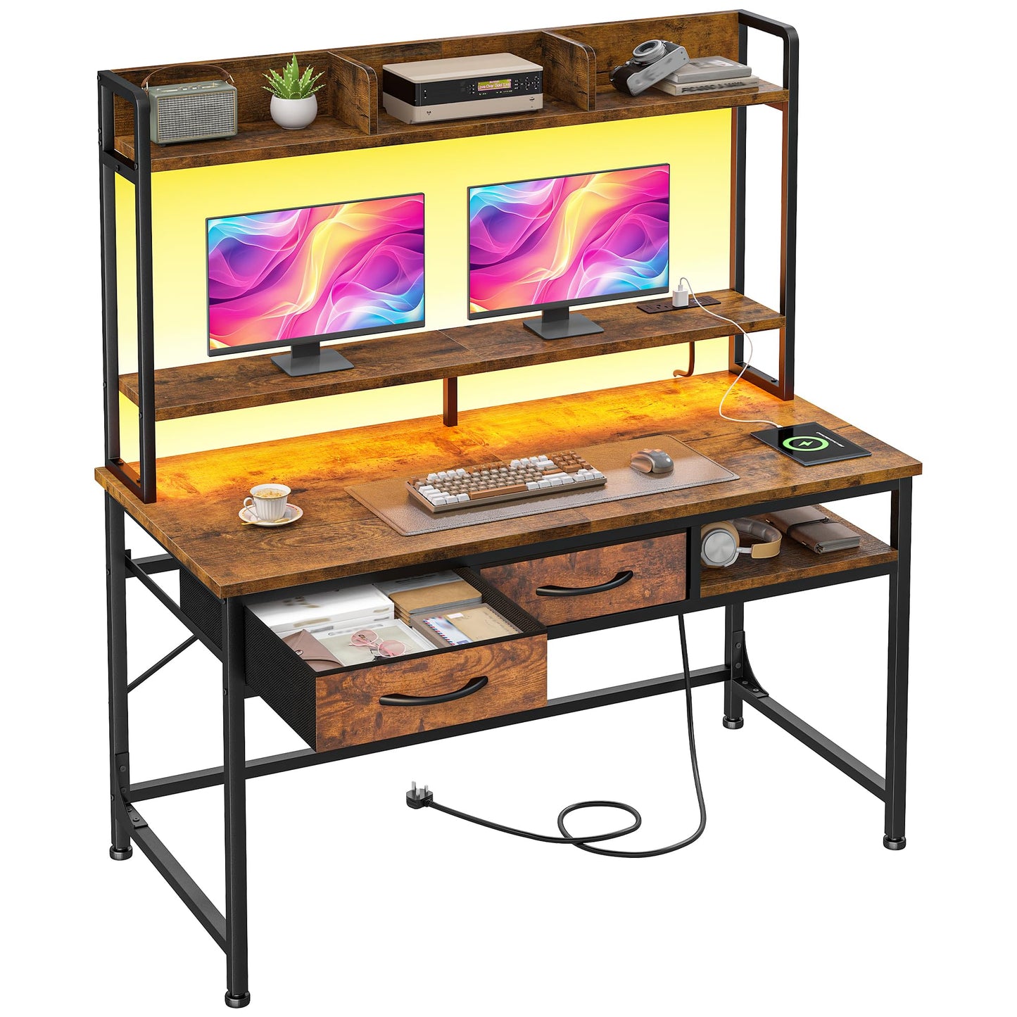 39.4"Office Desk with 2Drawers&Hutch,Computer Desk with Storage Rack&Monitor Stand,Gaming desk with LED&Power Outlet,Modern Study Writing Desk for Bedroom Home Office,Small Space,Rustic Brown