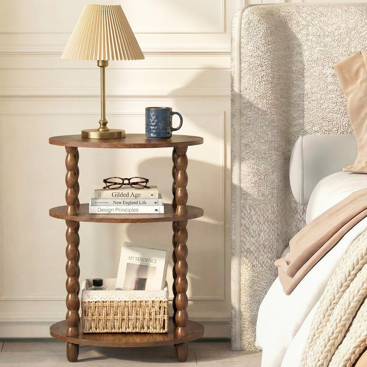 3-Tier Oval Side Table with Solid Wood Legs, Small End Table with Storage Shelves for Living Room Bedroom, Modern Night Stand Accent Table for Small Spaces, Easy Assembly