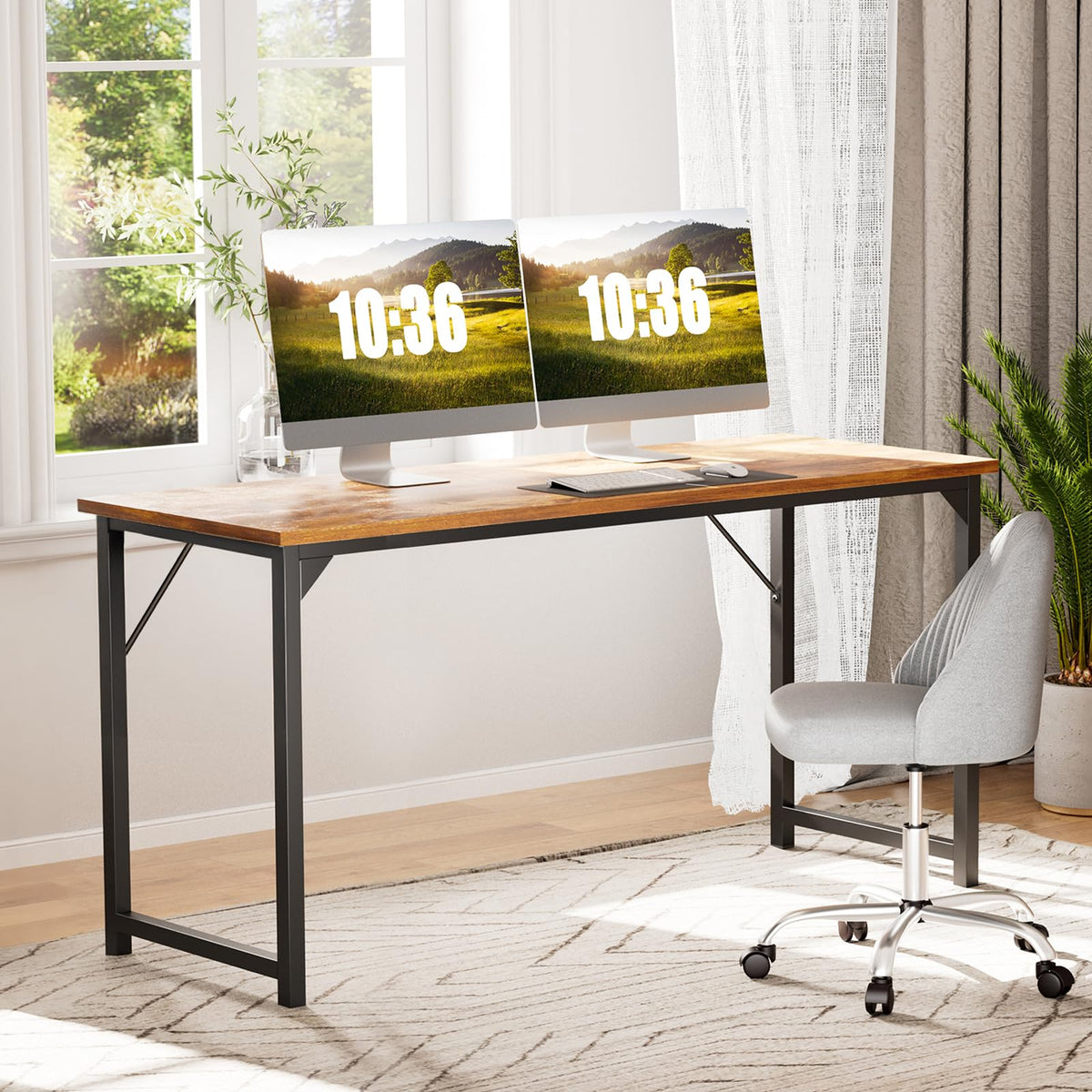 Sweetcrispy Small Computer Desk, 63" Office Writing Desk with Metal Frame & Wooden Top, X-Shaped Reinforcement, Student Study Workstation for Home Bedroom, Brown