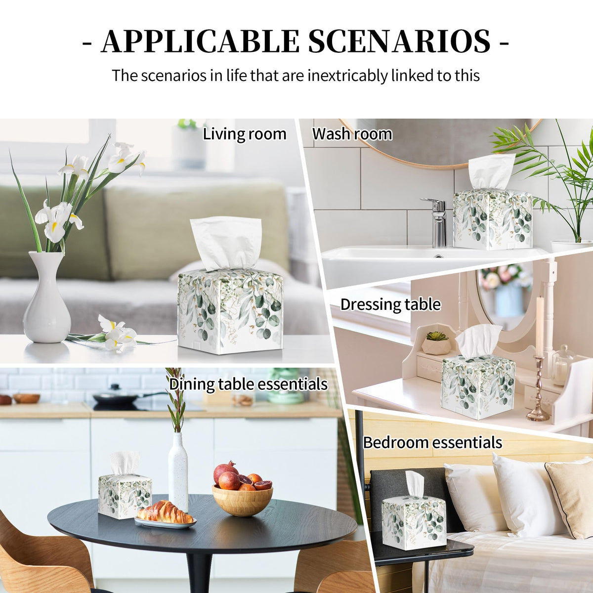Eucalyptus Leaves and Flowers Tissue Box Cover Square,Watercolor Green Leaves Branches Tissue Box Holder Waterproof Leather Facial Paper Organizer Dispenser for Bathroom Home Car Nightstand Vanity