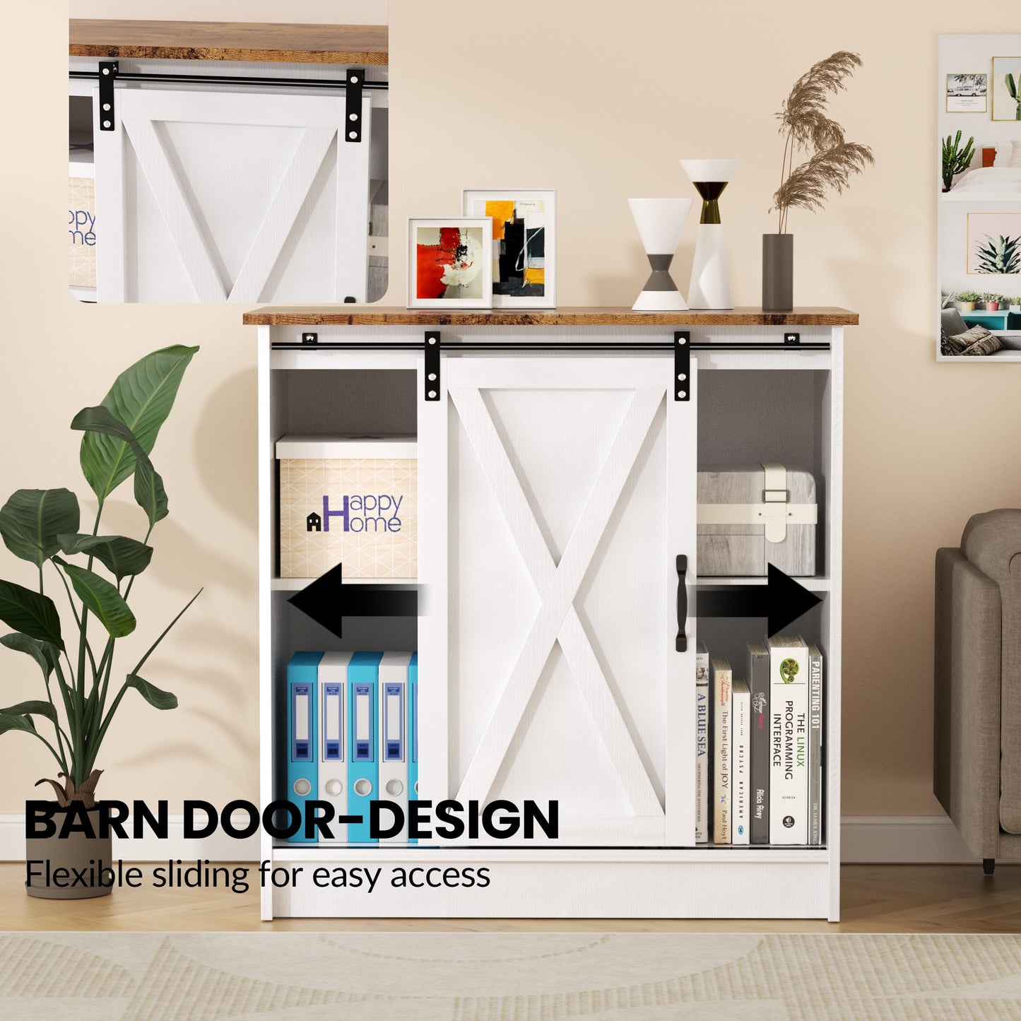 SOFTLYNICE Farmhouse Coffee Bar Cabinet, Coffee Bar Table with Sliding Barn Door, Suitable for Kitchen, Dining Room and Living Room