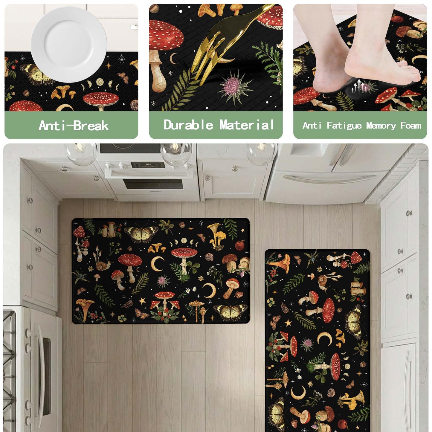 Zussun Mushroom Rug Kitchen Mats for Floor Cushioned Anti Fatigue Kitchen Rugs Sets of 2, Non Slip Waterproof Black Kitchen Floor Mat, Comfort Memory Foam Standing Mat for Office Laundry Sink Desk