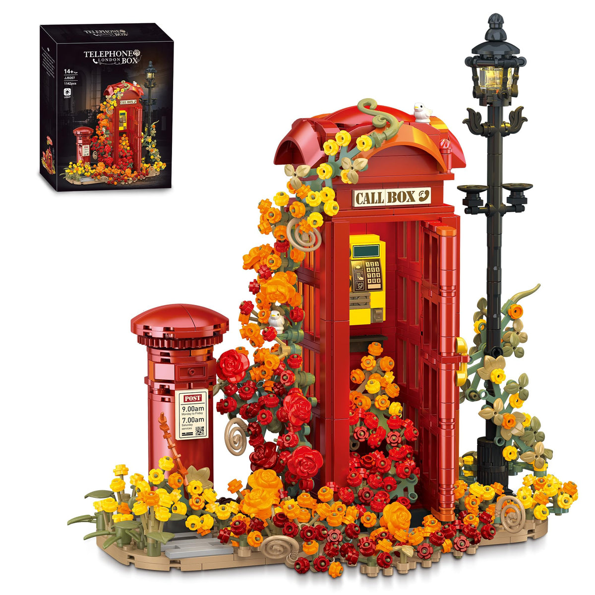 chanbrick Red London Telephone Box Building Set with Roses Flower for Adults Girls, Mailbox Phone Booth Retro Model Souvenir for Home or Office Decor - 1142PCS