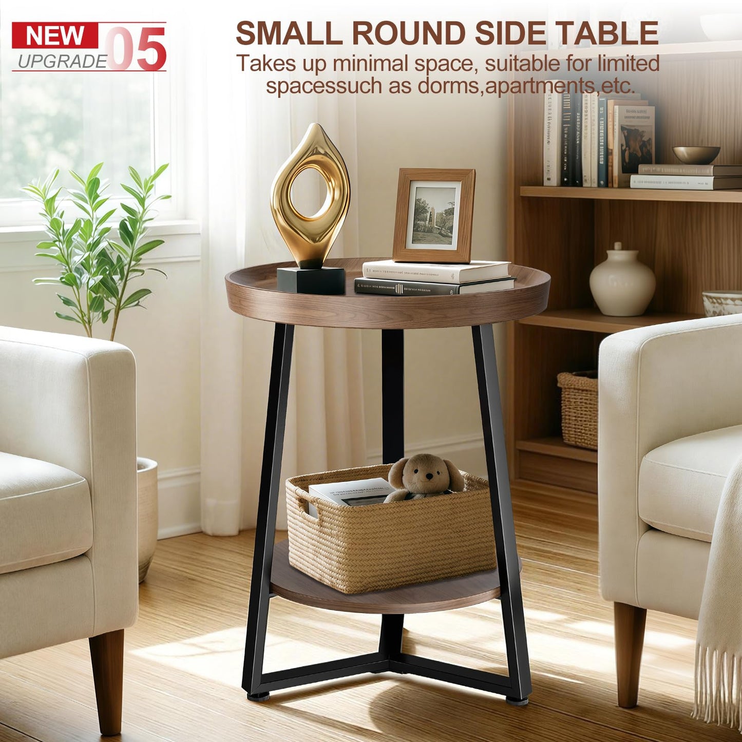 Round End Table, 2-Tier Tray Top Side Tables with Storage Shelf, Ultra Stable Coffee end Table/Nightstand, Modern Farmhouse Couch Table for Living Room, Bedroom, Bedside Stand or Small Spaces, Walnut