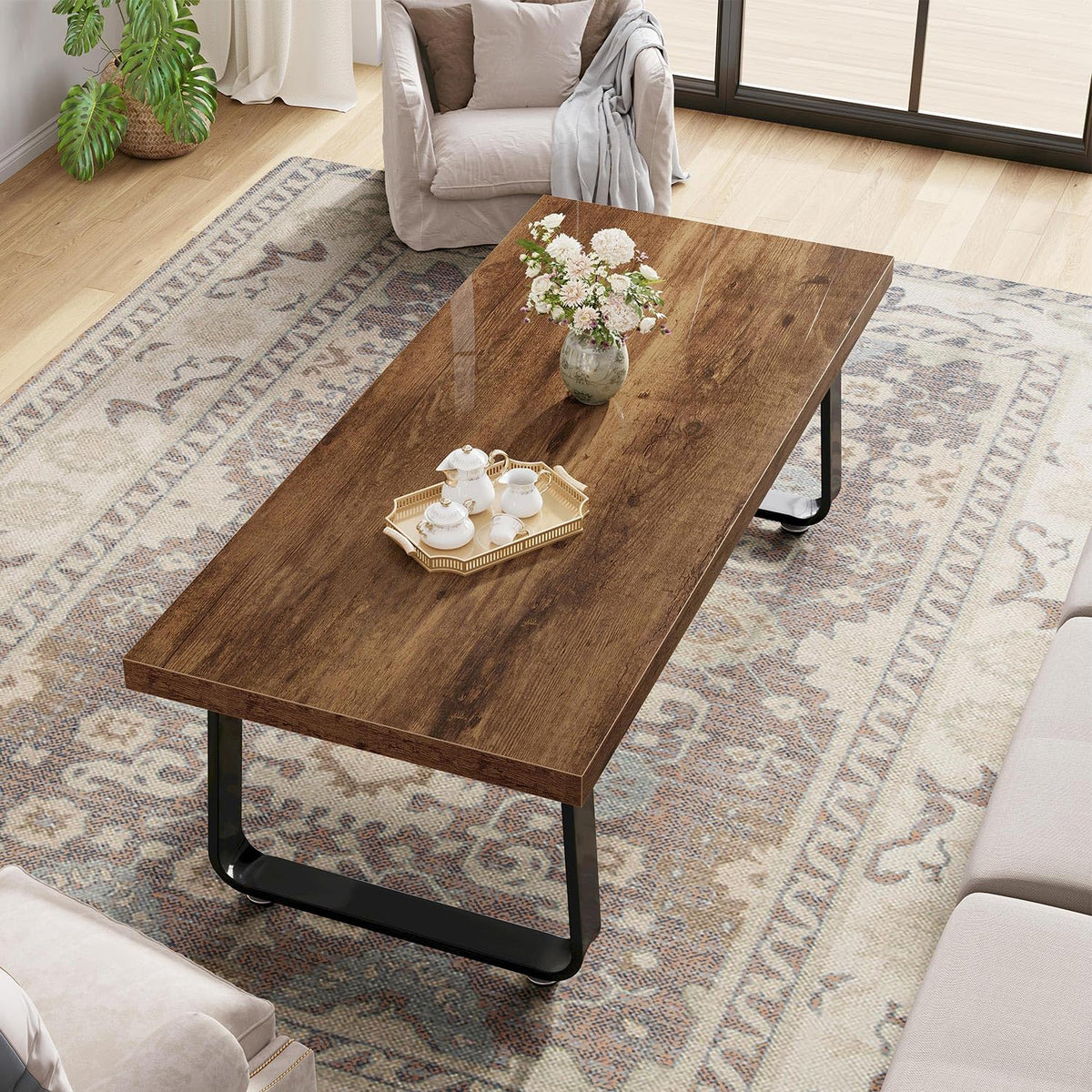 HSH Wooden Coffee Table, Industrial Rectangle Center Table, Modern Minimalist Coffee Table for Living Room, Farmhouse Wood and Metal Cocktail Tea Table for Bedroom Home Office, Rustic Brown, 47 in