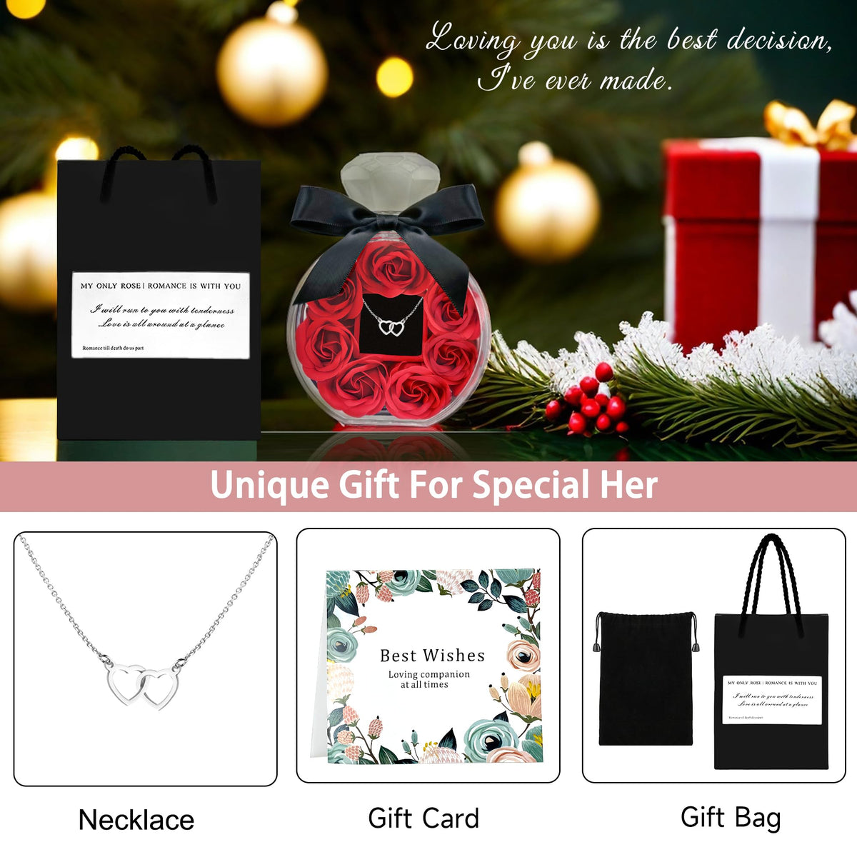 CECEIN Rose Box with Necklace Artificial Preserved Flower Valentines Mothers Day for Girlfriend Mom Birthday Anniversary Personalized Romantic Gifts