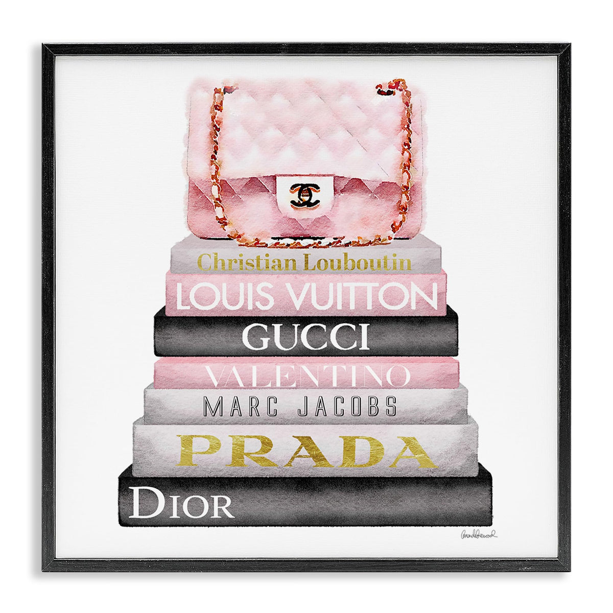 Stupell Industries 'Watercolor High Fashion Bookstack', Framed Giclee Art, Black, 12 x 12 Inches, Easy to Hang and Sturdy, Made in USA, by Amanda Greenwood