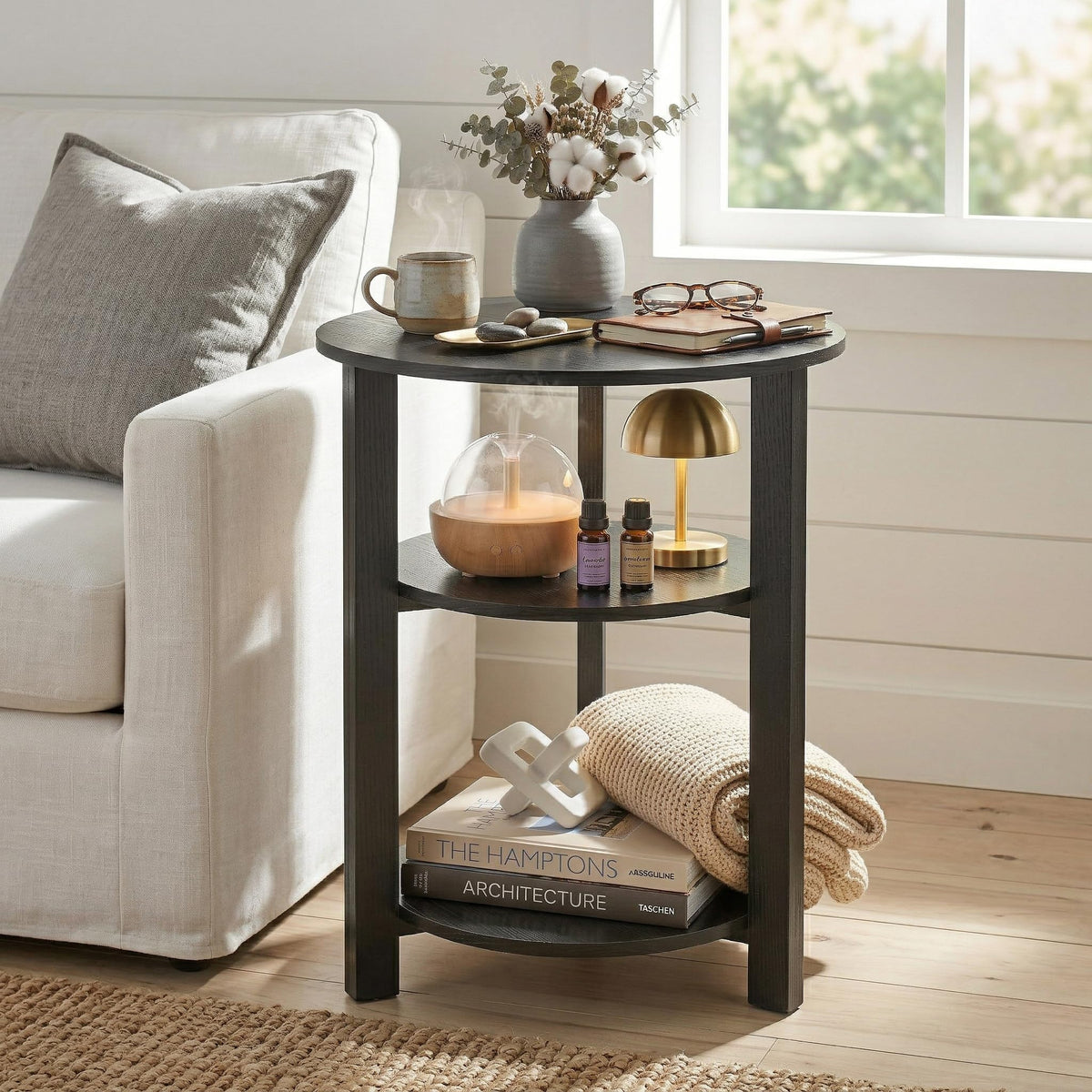 ZEXVIDA Farmhouse 3-Tier Round Side Table, 17.7*21.7Inch End Table with Open Storage,Modern Bedside Couch Accent Table for Living Room, Bedroom, Office，Wooden Table for Narrow and Small Spaces, Black