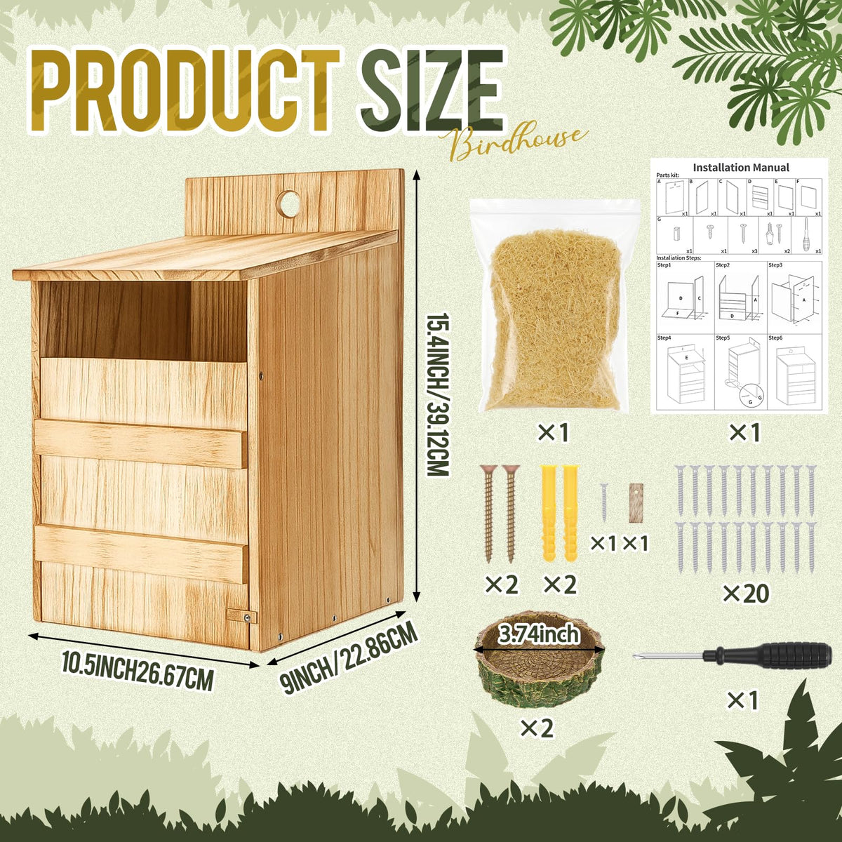 AceOrbit 2 Pack Large Squirrel House Screech Owl Nesting Box Kit for Outside 15.4 x 10.5 x 9'' Carbonized Wooden Bird House Opening Easy Assemble Easter Shelter Gift with Water Bowl Wood Shavings Tool