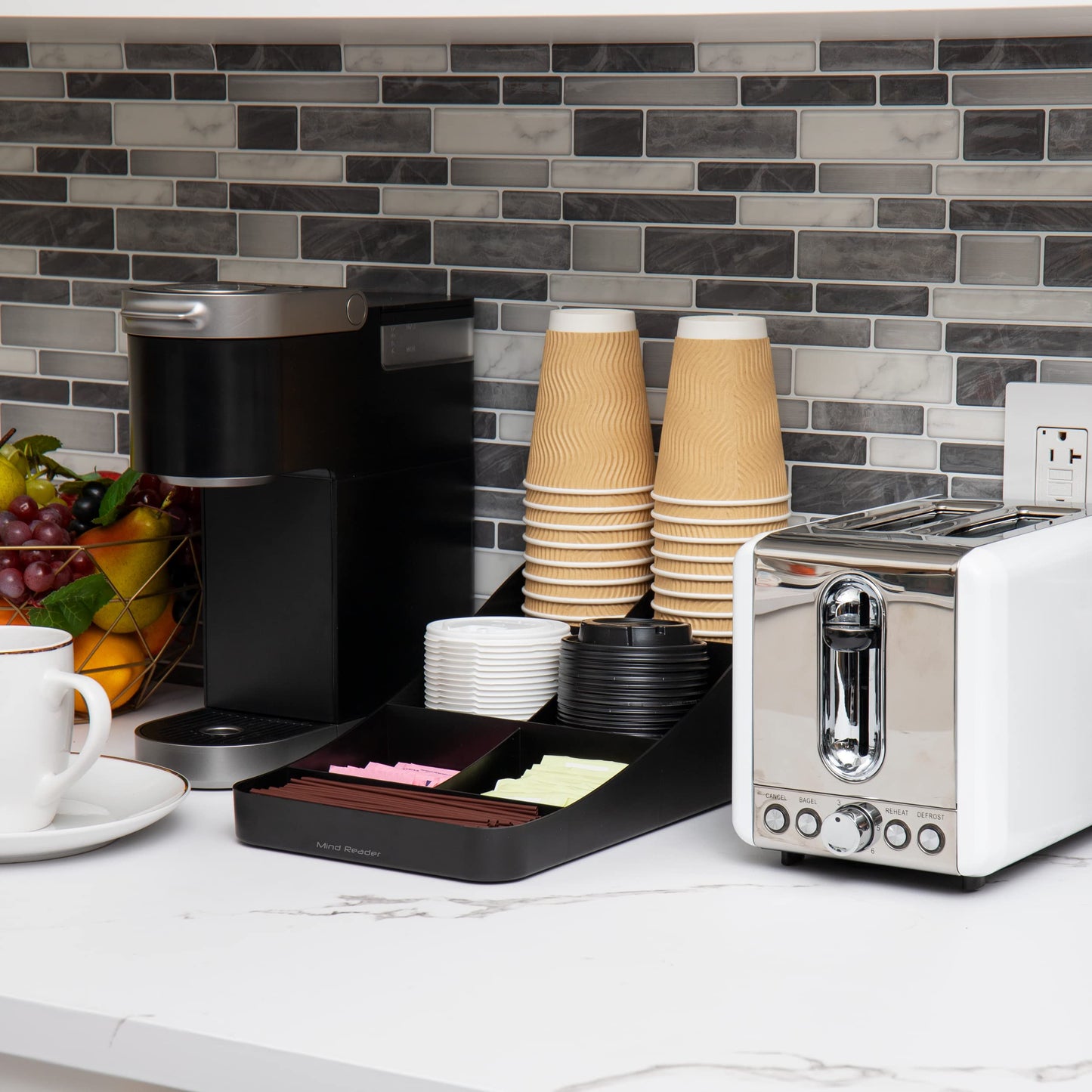 Mind Reader Cup and Condiment Station, Countertop Organizer, Coffee Bar, Kitchen, Stirrers, 7.25"L x 15.5"W x 5.25"H, Black