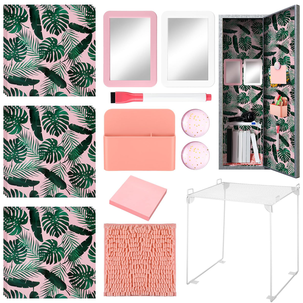 Colarr 17 Pcs Locker Organizer and Decorating Kit Back to School Essentials Include Magnetic Locker Wallpaper Locker Shelf Pencil Holder with Marker Mirror Rug Sticky Note (Light Pink,Leaves Style)