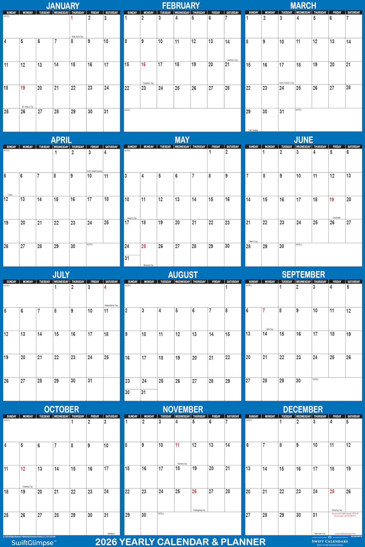 18" x 24" SwiftGlimpse 2026 Wall Calendar Erasable Large Wet & Dry Erase Laminated 12 Month Annual Yearly Wall Planner, Reversible, Horizontal/Vertical, Navy