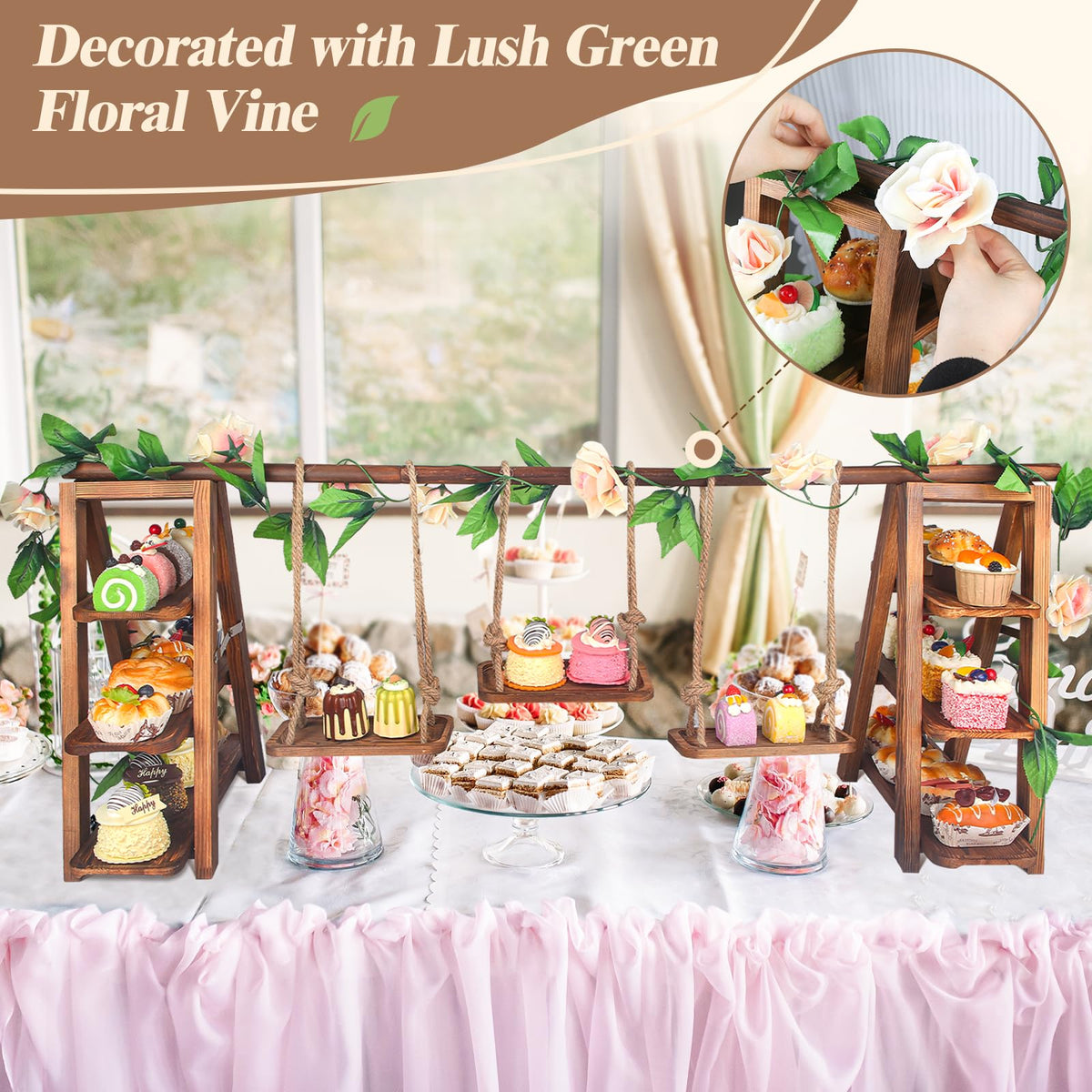Wisreach Upgraded Large Wooden 3 Tier Swing Cupcake Stand with Flower Decor, Removable Trays, Foldable Ladder Display for Cake, Snacks, Fruit, Bread, Party & Catering Centerpieces