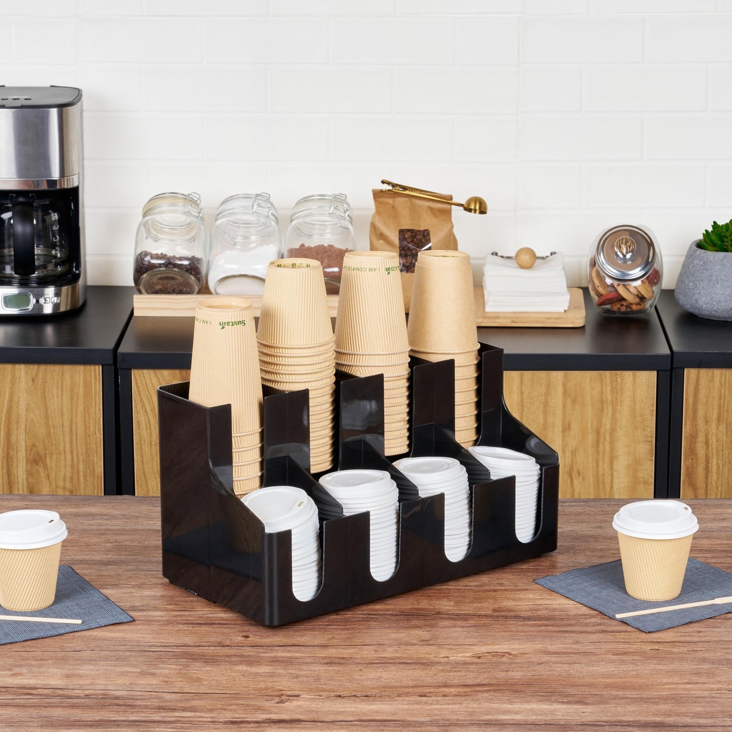 Restaurantware Restpresso Coffee Bar Organizer, 1 Count Durable 8 Compartments, Compact Size, Black Plastic Tabletop Coffee Supplies Organizer For Homes, Office Spaces, Breakrooms, and Lounges