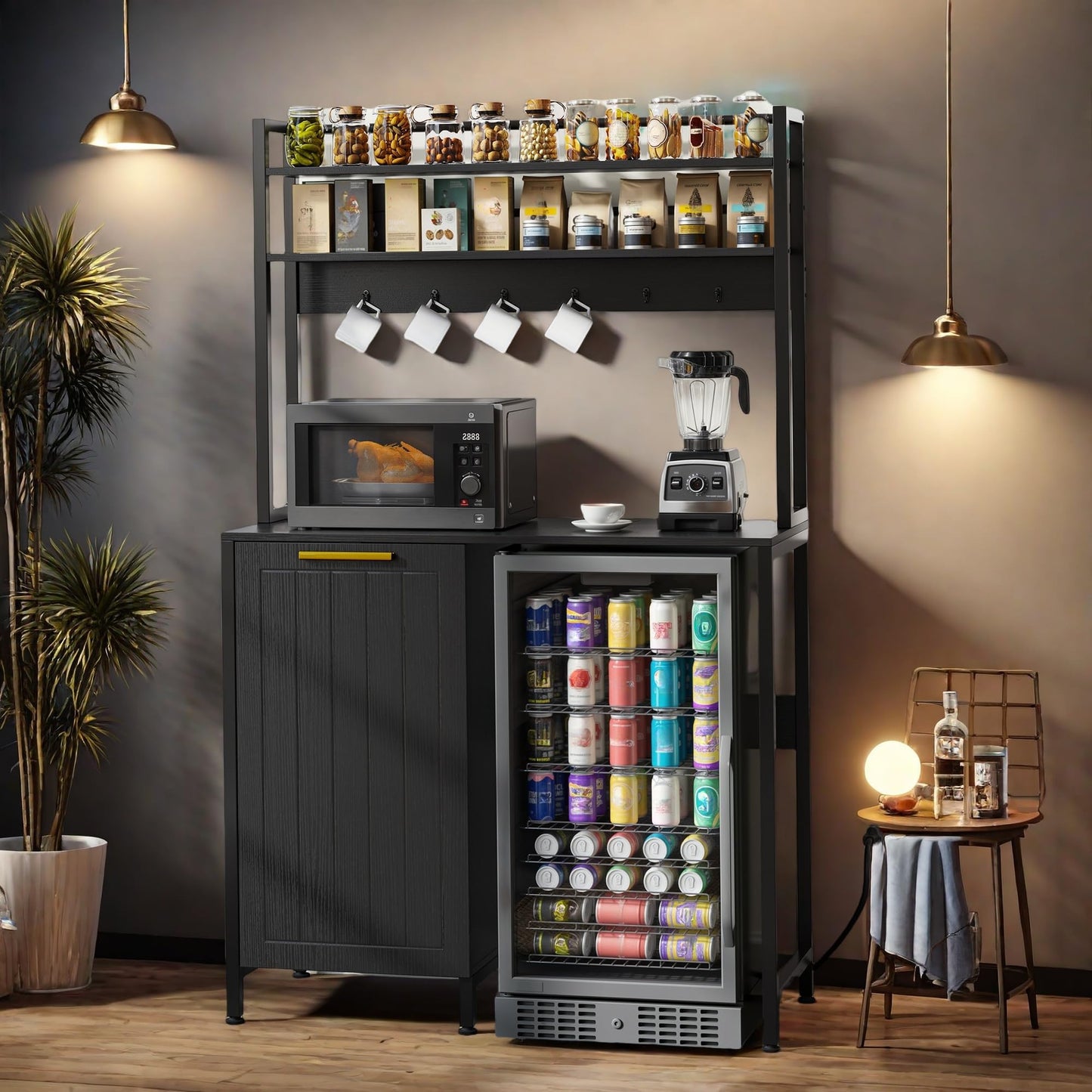 YITAHOME Farmhouse Pantry Cabinet with Built-in Trash Can Bin & Power Outlets, 4-Tier Bakers Rack for Mini Fridge, Microwave, Freestanding Storage Organizer for Kitchen, Black