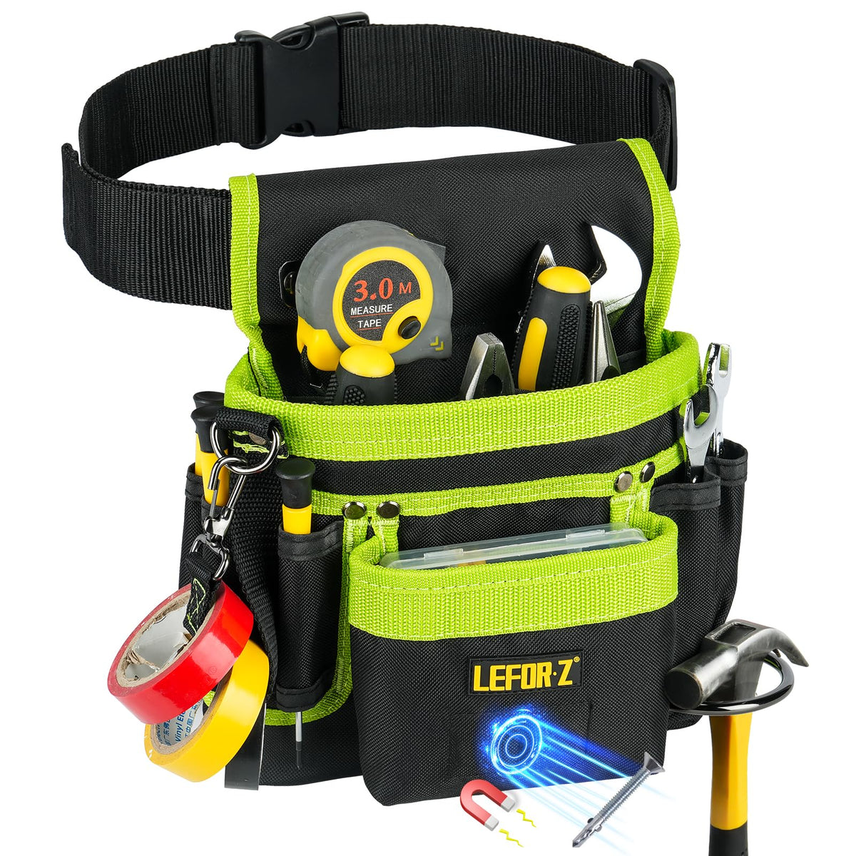 Tool Belt,Magnetic Tool Pouch,14-Pockets Tool Belts for Men,Detachable & Adjustable Tool Pouch belt for Electrician,Carpenter,Construction,Work Apron,Utility Belt,Black-Green