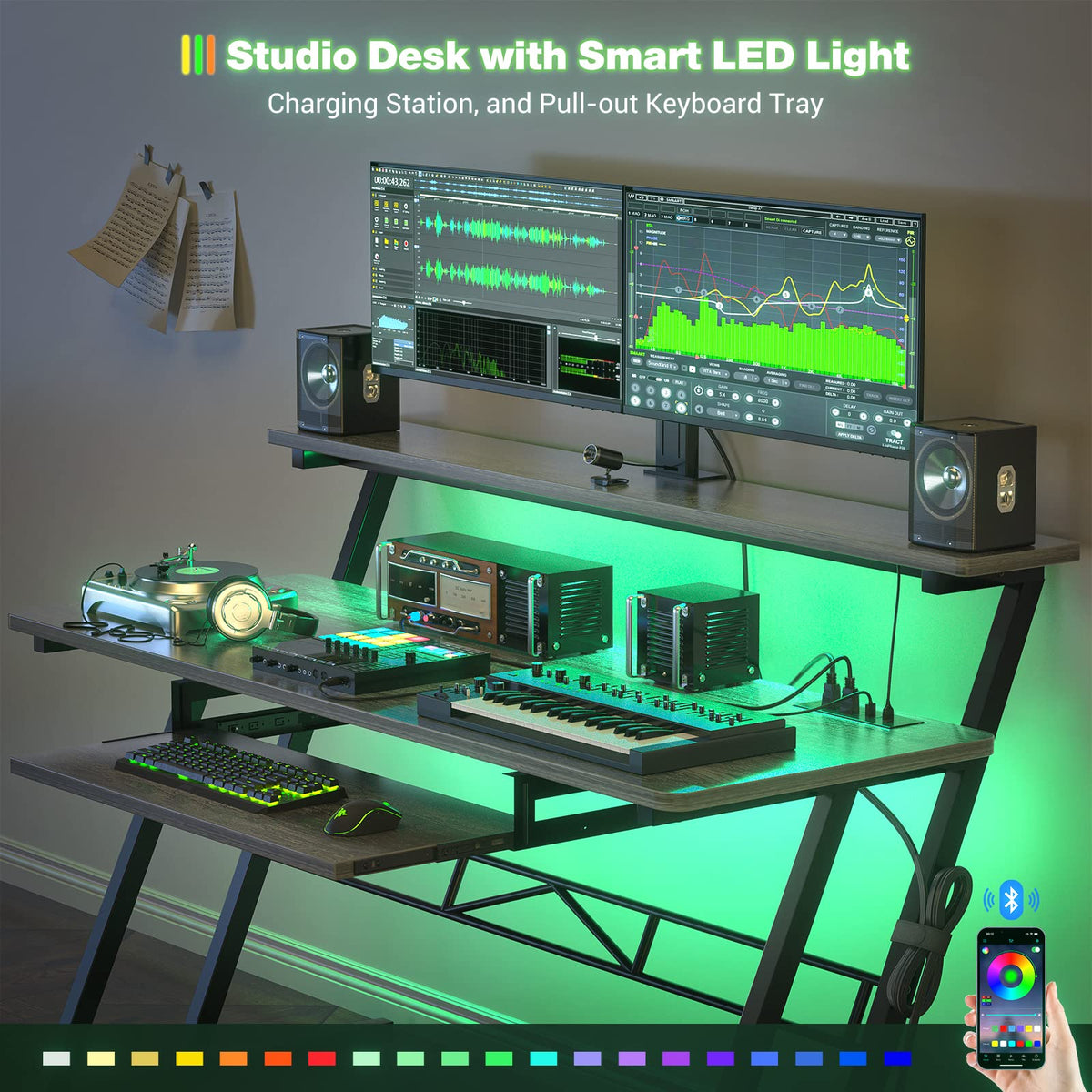 Armocity Music Studio Desk, Music Production Workstation with Power Outlets and RGB LED Lights, Recording Studio Table Desks Music Producer for Home, Grey Oak